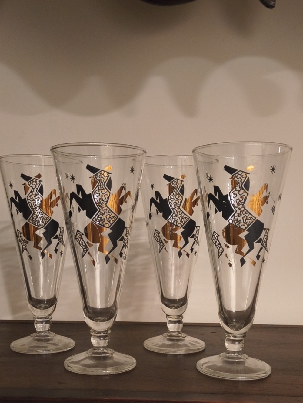 Vintage Gold & Black Dancing Horse Glassware Set Pilsner Atomic Star Classy!!
